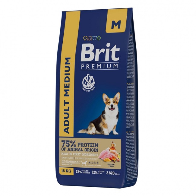Сухой корм Brit Premium Dog Adult Medium с курицей для взрослых собак средних пород (10-25 кг) 15 кг